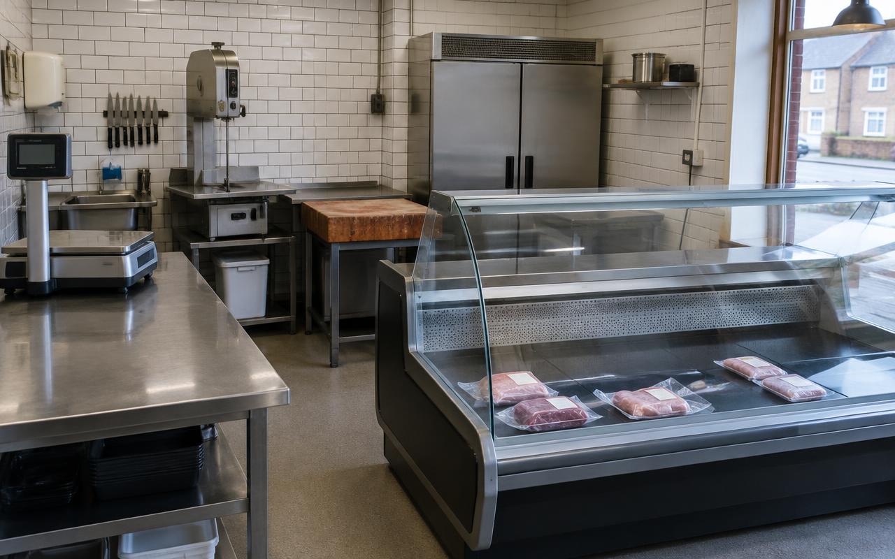 Practical butcher shop with stainless steel equipment and a few wrapped items in a closed refrigerated display