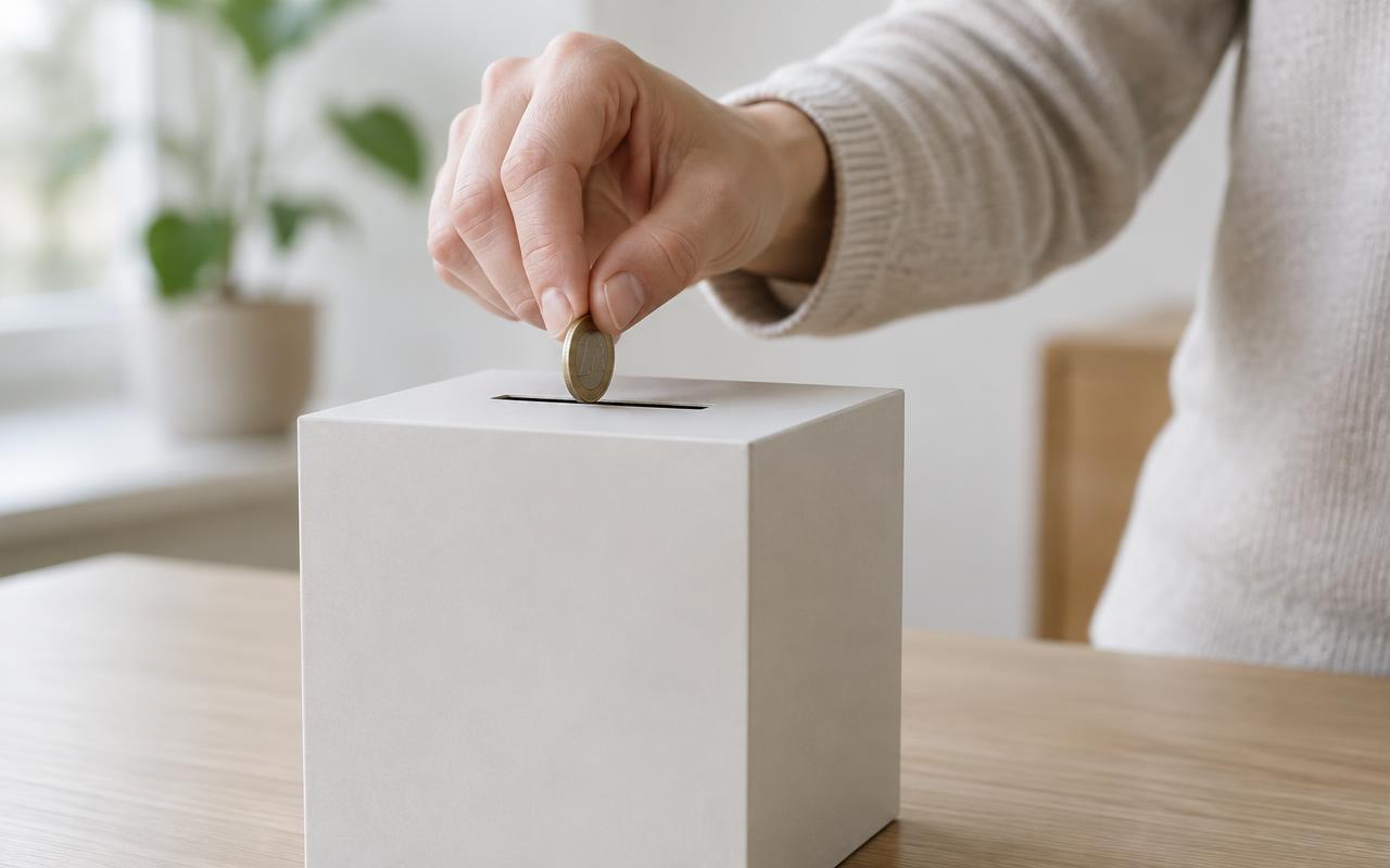 Hand placing a coin into a plain charity collection box