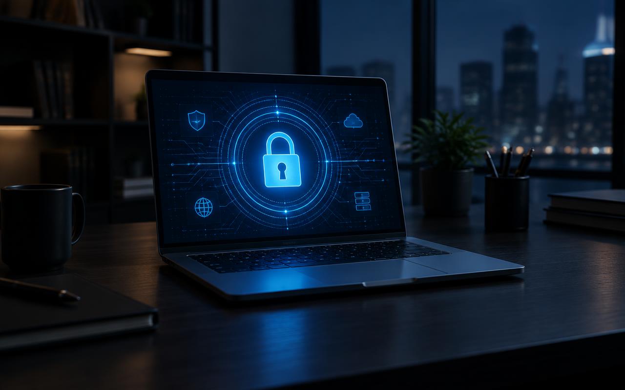 Laptop with a glowing padlock on screen