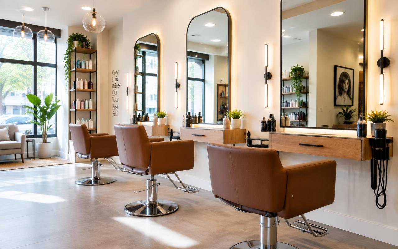 Modern hair salon with styling chairs