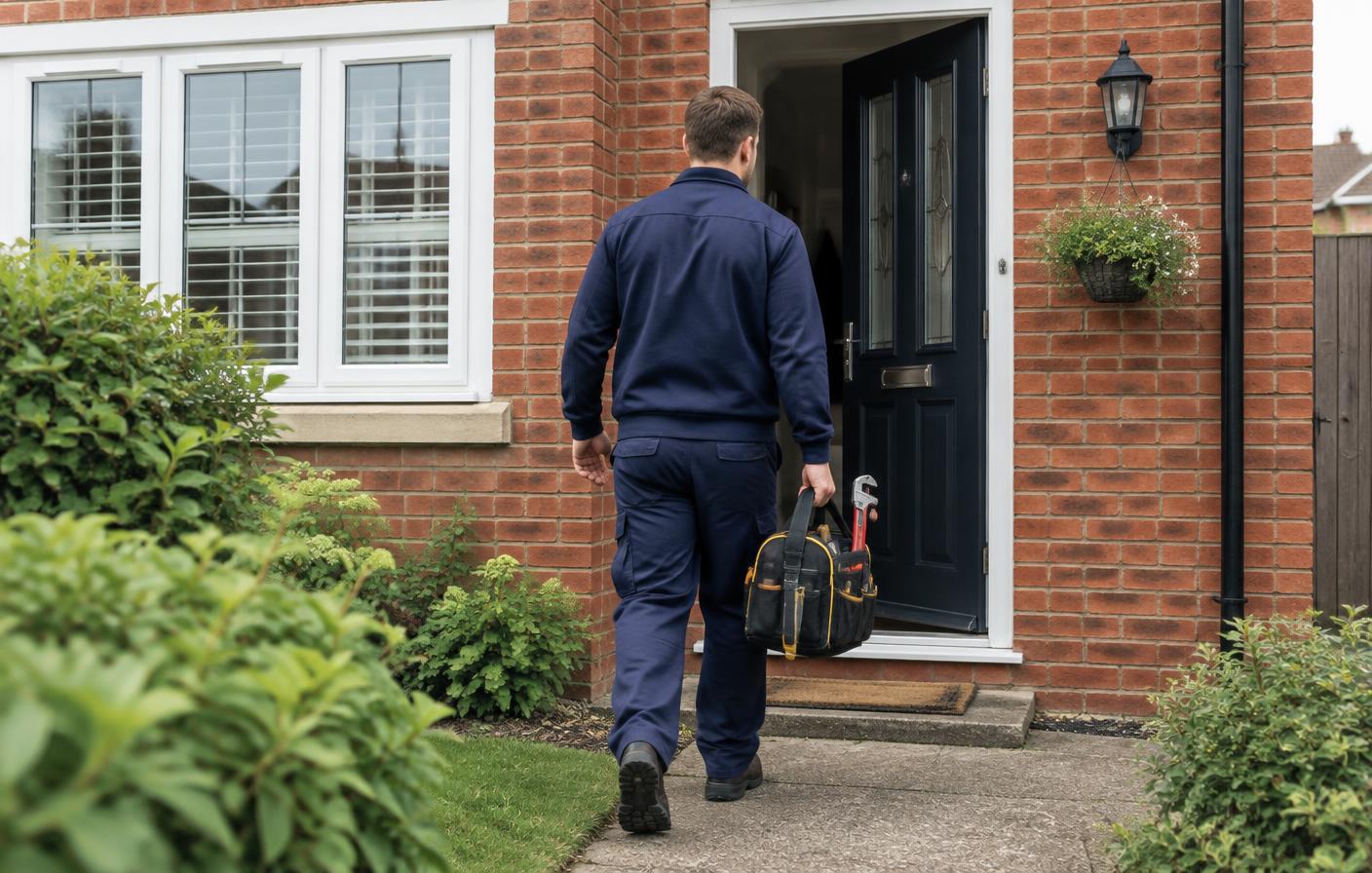 Plumbing engineer facing away as he approaches a brick house with his tool bag