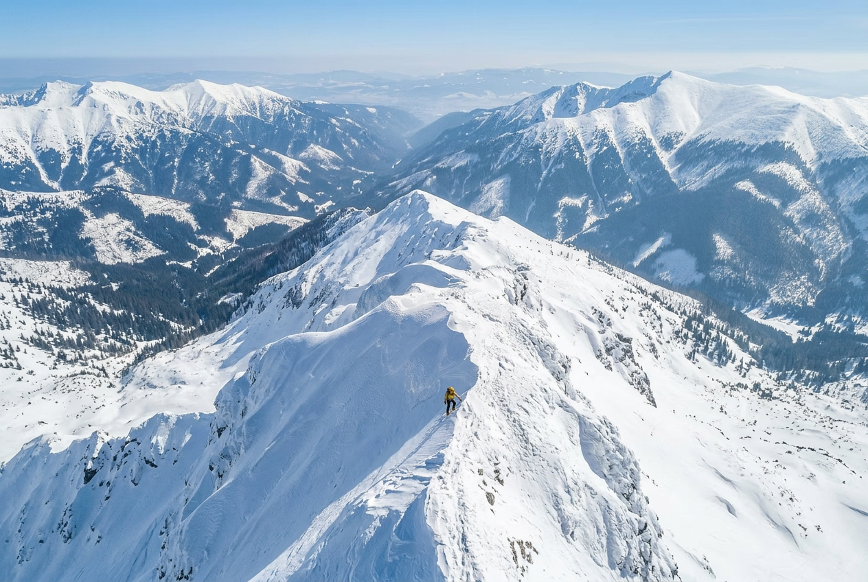 A lone mountaineer on a snowy ridge within a wide mountain panorama