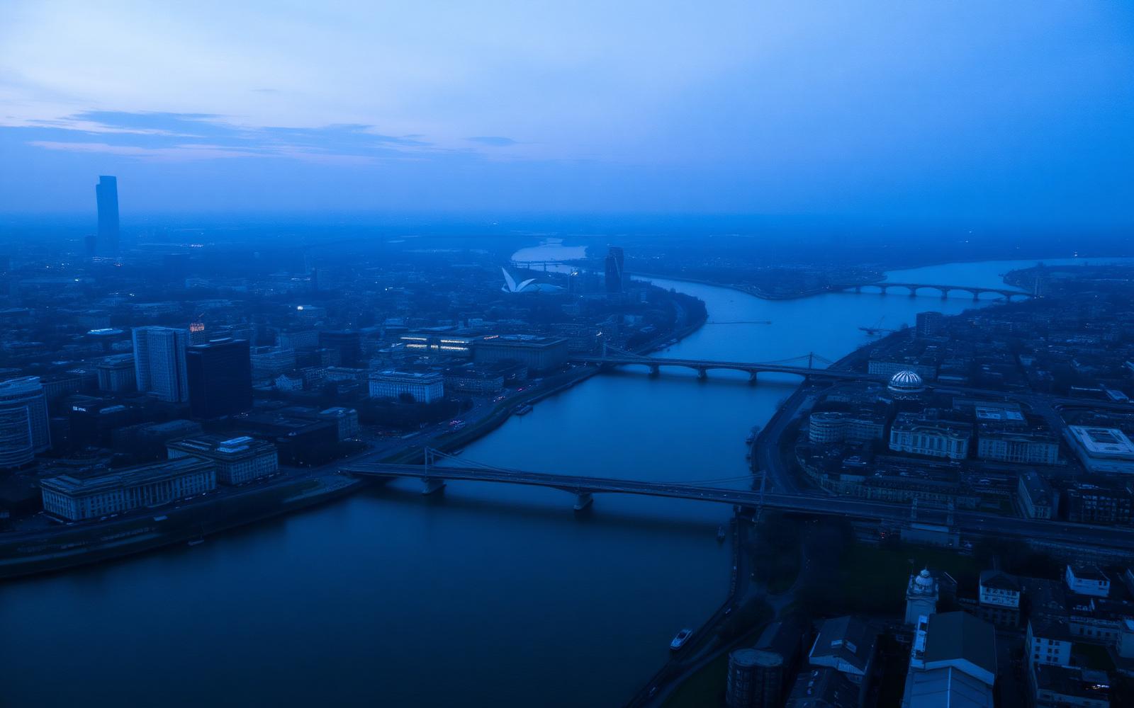 Aerial view of a UK city at dusk