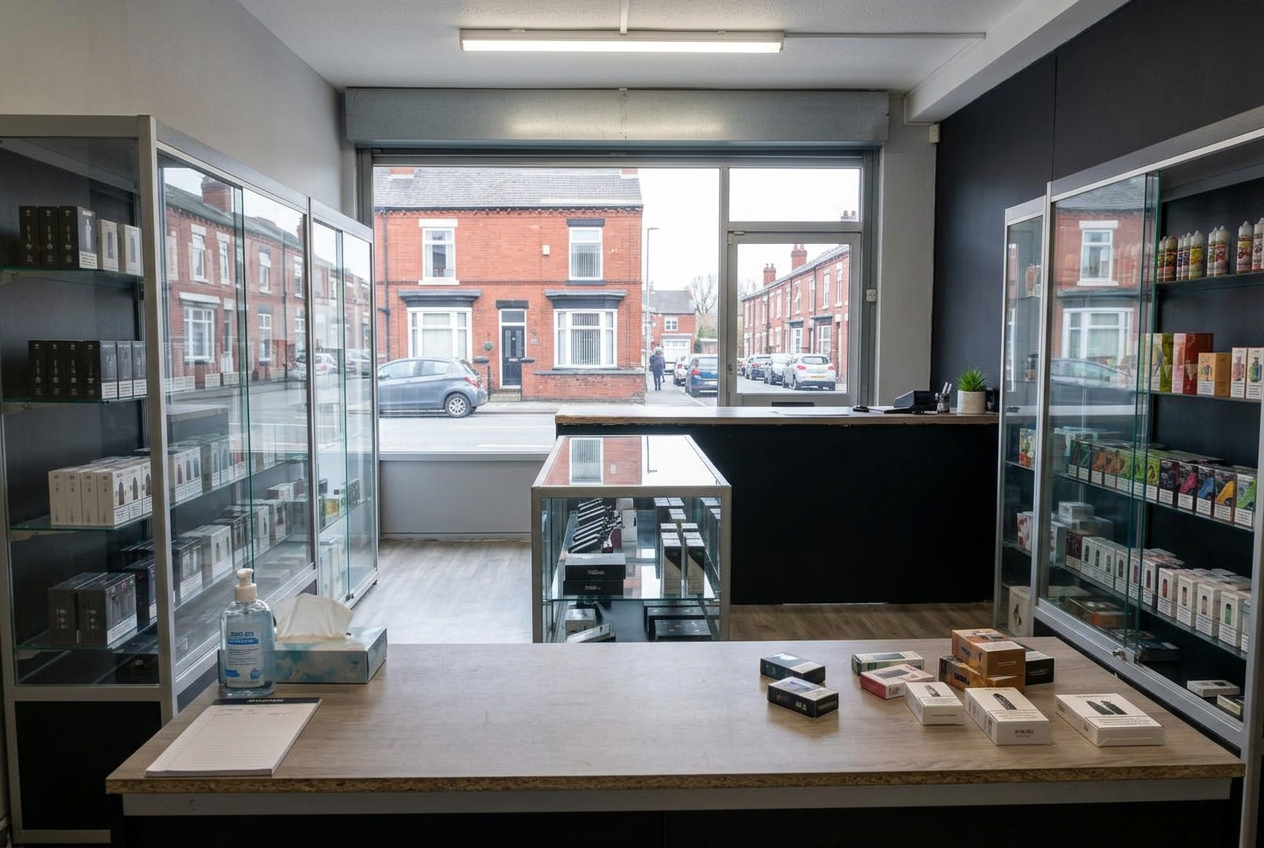 Modest UK vape shop with practical glass cabinets and a red-brick terraced street outside